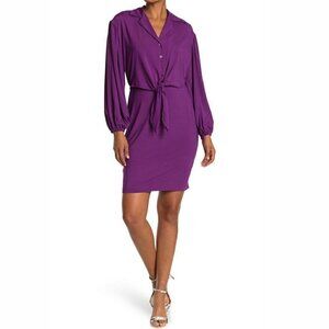 Calvin Klein Size 12 Long Sleeve Solid Purple Tie Front Dress Button Stretch NEW